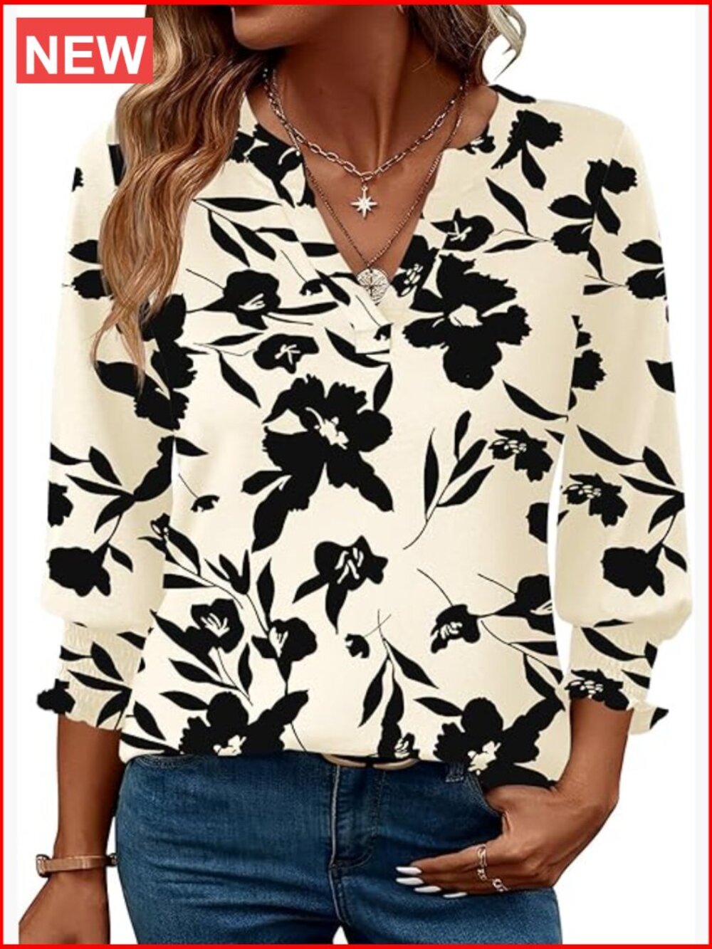 3/4 Sleeve V-Neck Blouse with Ruffle Cuffs - Business Casual - Picture 1 of 7